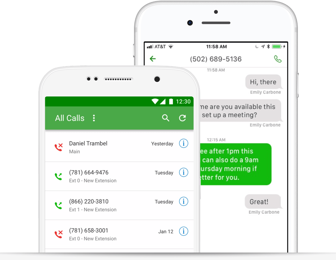 Call history and texting on the Grasshopper mobile app.